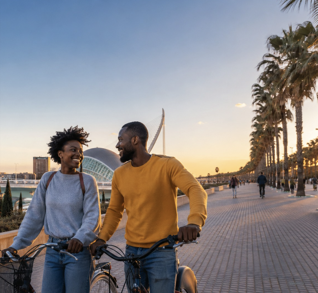Two travelers with bicycles enjoying a palm-lined waterfront in Valencia
